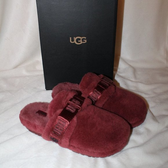 NIB UGG WOMEN'S FLUFF IT SLIDE SHEARLING‎ SLIPPERS REDWOOD - Picture 1 of 7